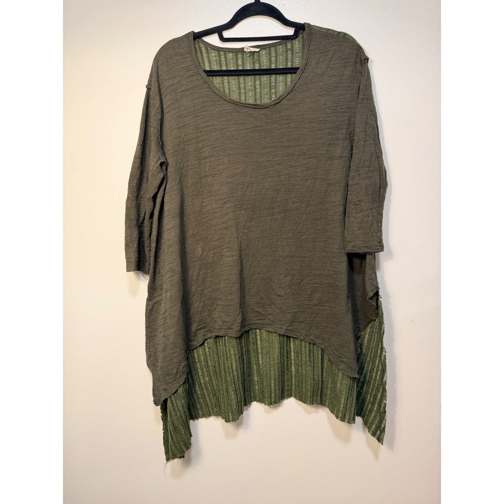Hyku Tunic Top Womens Large Olive Green Oversized Lagenlook Boho Mixed Media